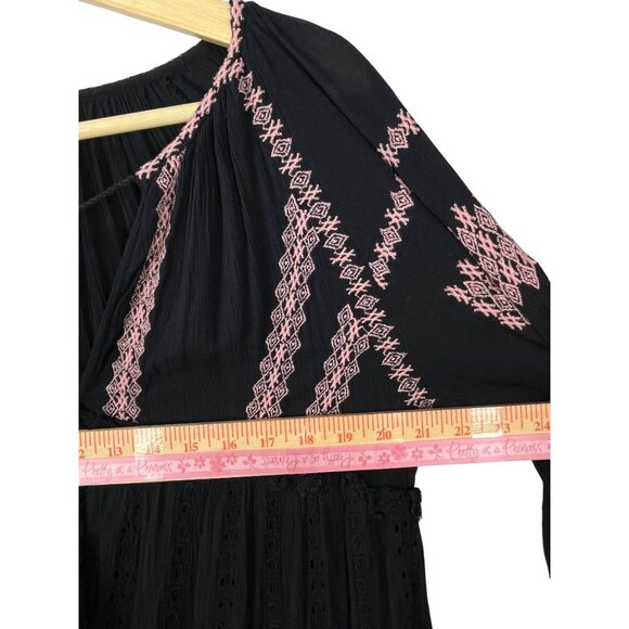 Free People Black Boho Embroidered Tunic Mini Dress Long Sleeve Size L - Picture 11 of 13